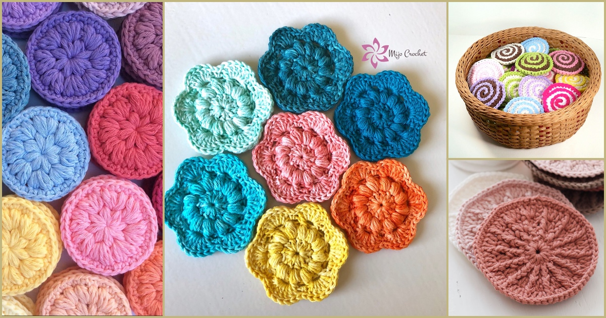 Various colorful crocheted coasters, including face scrubbies, are arranged in different patterns, with a basket of spiral ones, flower shapes, and neatly stacked plain coasters.