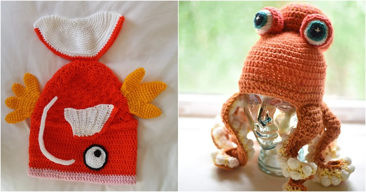 Two sea creature hats: a fish with orange and white details on the left, and an orange octopus with two protruding eyes and tentacles on the right.