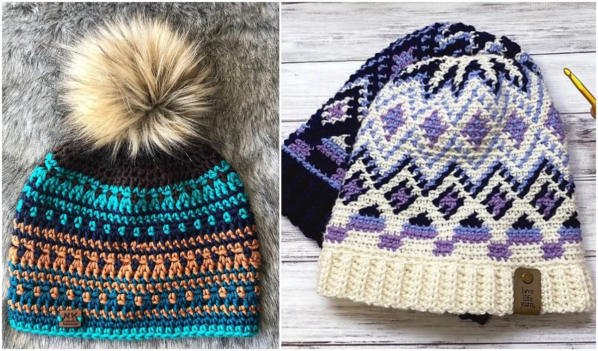 Two crocheted beanies: one with a pom-pom in teal, brown, and tan, and the other in blue, white, and purple patterns. Both feature textured, intricate designs reminiscent of a mosaic hat's style.