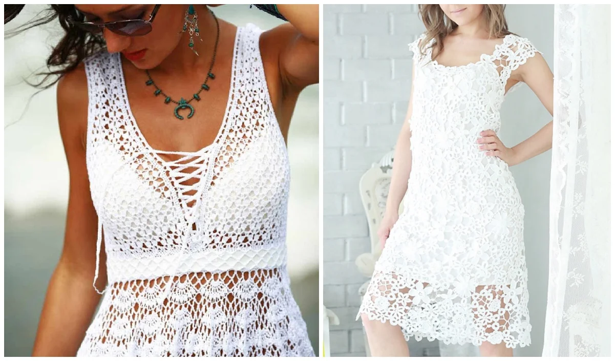 Two women wearing white summer dresses with intricate crochet patterns, one sleeveless with a laced front and the other short-sleeved. Both outfits feature delicate, floral-like designs perfect for warm days.