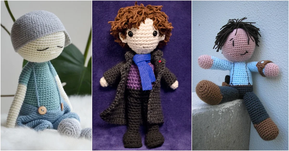 Three crocheted male dolls: one sporting a blue outfit and beanie, another with curly hair in a dapper coat and tie, and a third casually dressed in a shirt and pants sitting on a ledge.