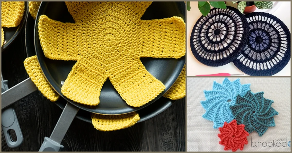 Crocheted pan protectors in yellow, black and white trivets, and blue and red star-shaped designs showcase a delightful kitchen protector crochet pattern displayed on the table.