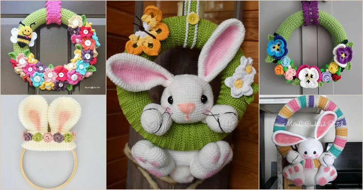 A collage of five crocheted spring wreaths showcases delightful floral and bunny designs in a vibrant array of colors.