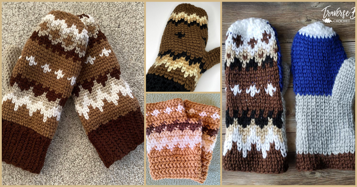 Crocheted mittens and a blanket in various earthy tones, inspired by Bernie's mittens crochet pattern, displayed on different backgrounds.