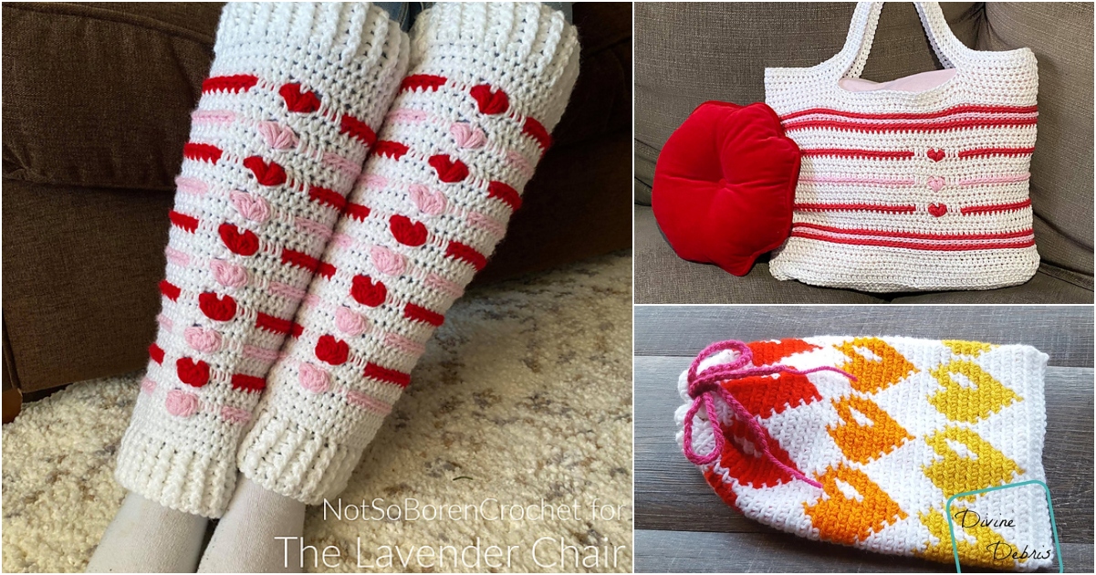 Three crochet items: valentine's day project leg warmers with pink and red hearts, a white handbag with red stripes and buttons, and a bag with an orange and yellow geometric pattern.