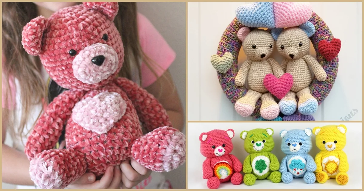 A collage of crocheted teddy bears: a large pink Valentine teddy bear with a heart, three bears nestled in a wreath, and four colorful bears adorned with various symbols on their bellies.