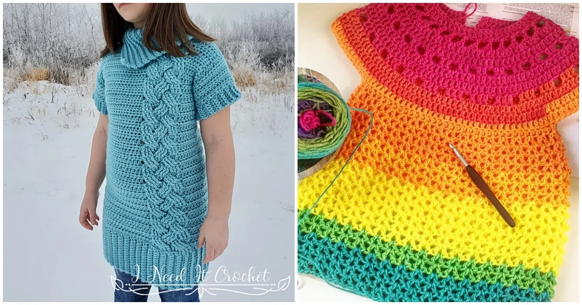 Side-by-side image of a girl in a blue crocheted dress outdoors and a colorful crochet pattern tunic, alongside yarn and a crochet hook on the surface.