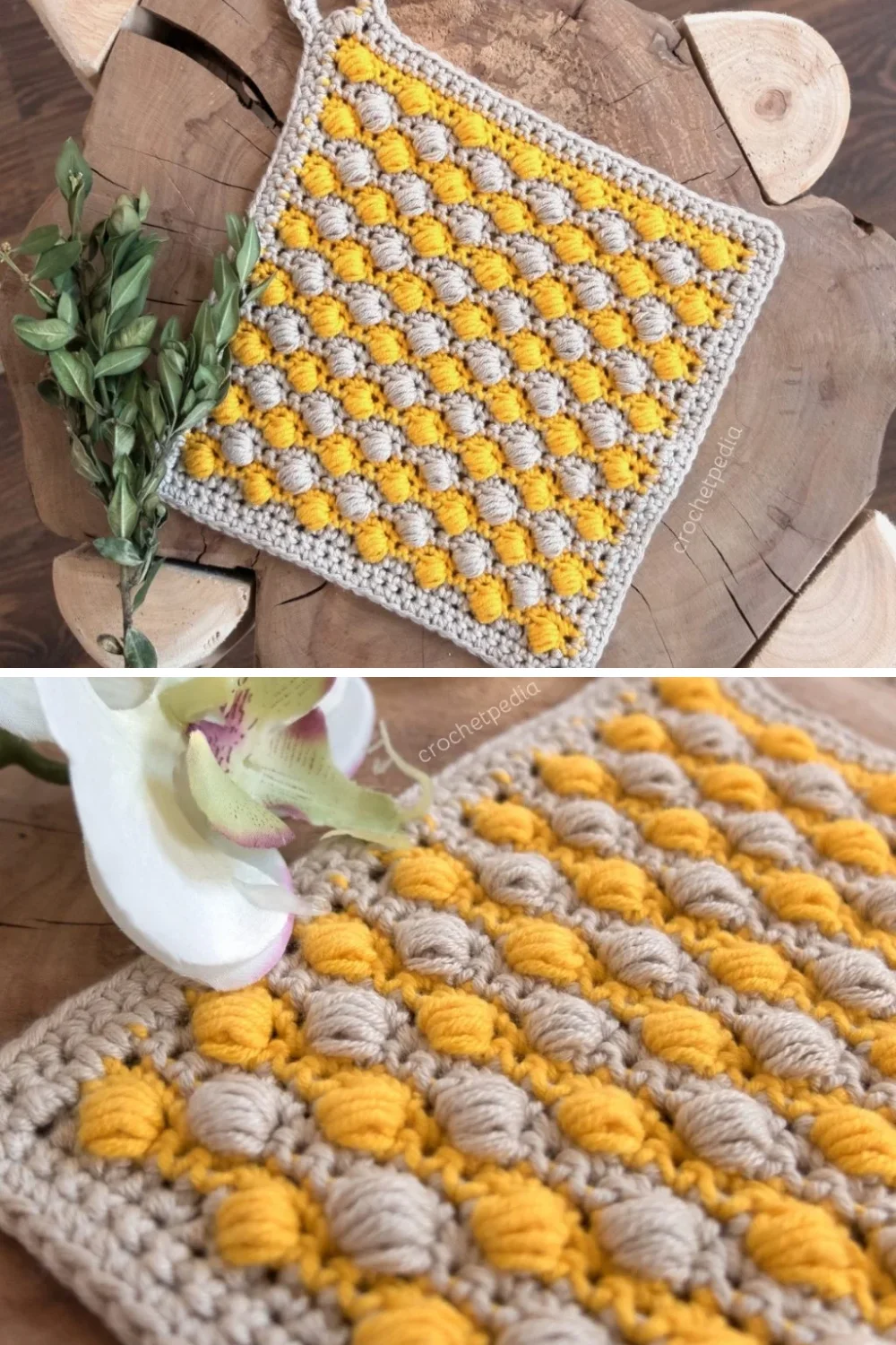close up of yellow and beige crochet puff stitch dishcloth on a wooden table 
