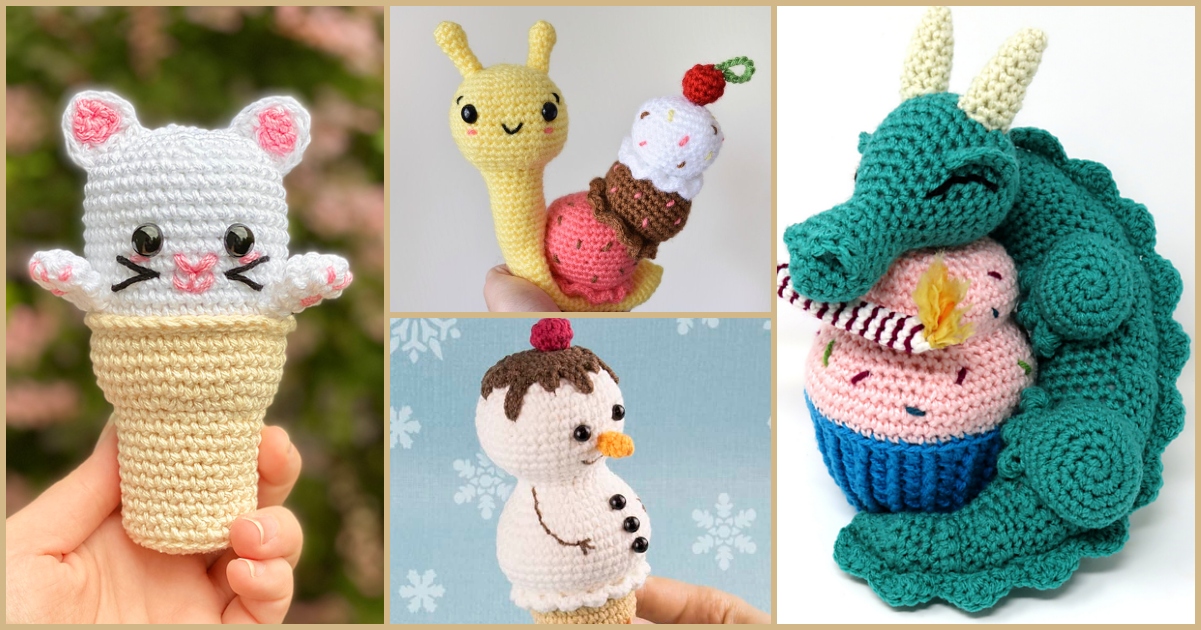 Discover the delightful world of amigurumi ice cream cones showcasing a whimsical cast of characters, including a mouse, snail, snowman, and dragon. Each crocheted treat is crafted in vibrant colors, adding charm and creativity to your collection.