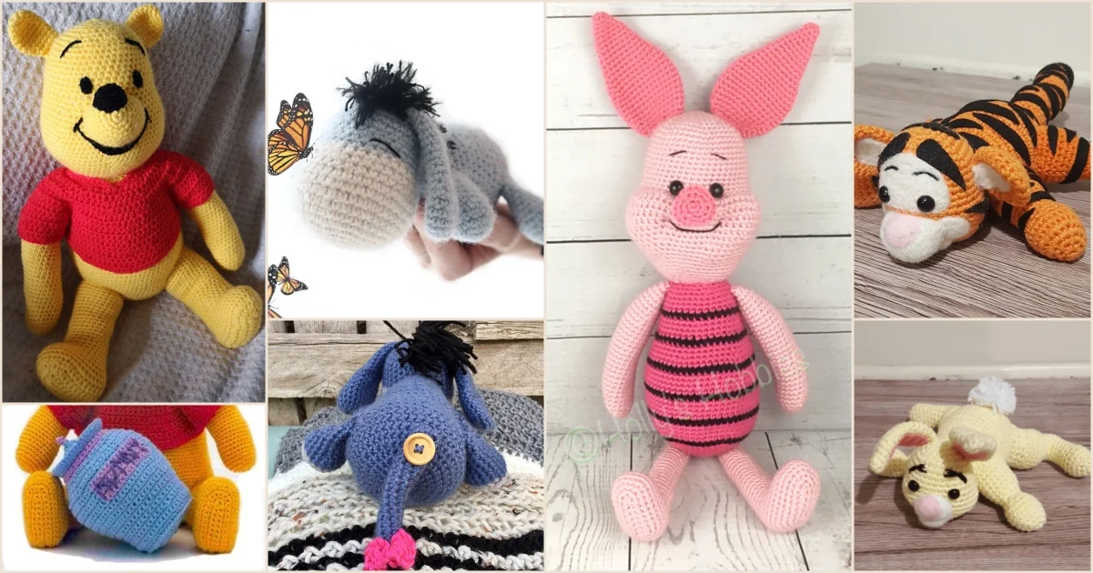 Crocheted stuffed animals, featuring a bear, donkey, pig, tiger, and a small bear with a jar reminiscent of Winnie the Pooh crochet patterns, are arranged on a white background adorned with butterfly details.