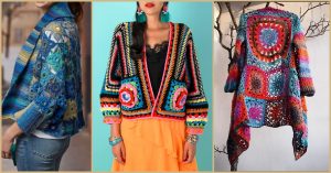 Three vibrant crochet cardigans showcase intricate patterns. Left: a colorful summer jacket in blue with floral designs; center: multicolored stripes; right: vibrant granny squares.