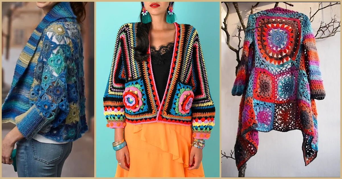 Three vibrant crochet cardigans showcase intricate patterns. Left: a colorful summer jacket in blue with floral designs; center: multicolored stripes; right: vibrant granny squares.