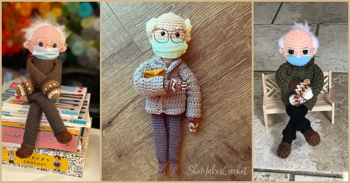 Three crochet dolls, reminiscent of the Bernie in Mittens Doll Crochet Pattern, are wearing glasses and masks. Each holds a unique crochet item, seated in different settings, exuding charm and creativity.