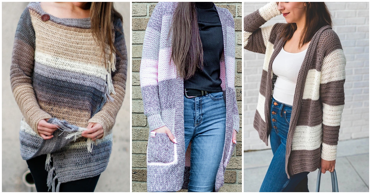 Three images of women showcasing striking cardigans in brown and gray tones. Each piece features long sleeves, with some displaying unique striped knit patterns, offering a modern twist on classic designs.