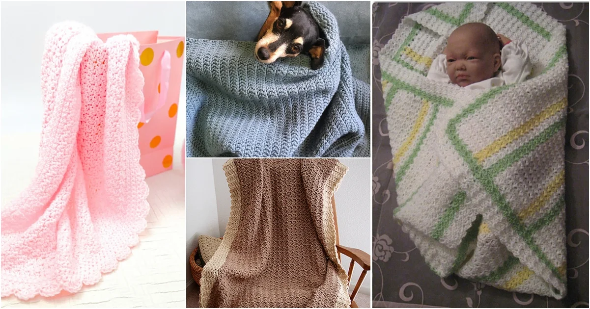 Collage of simple, knitted blankets: a pink lacy design, a dog wrapped in a blue blanket, a baby snug in an easy beginner blanket with green and yellow stripes on white, and a brown blanket draped over a chair.