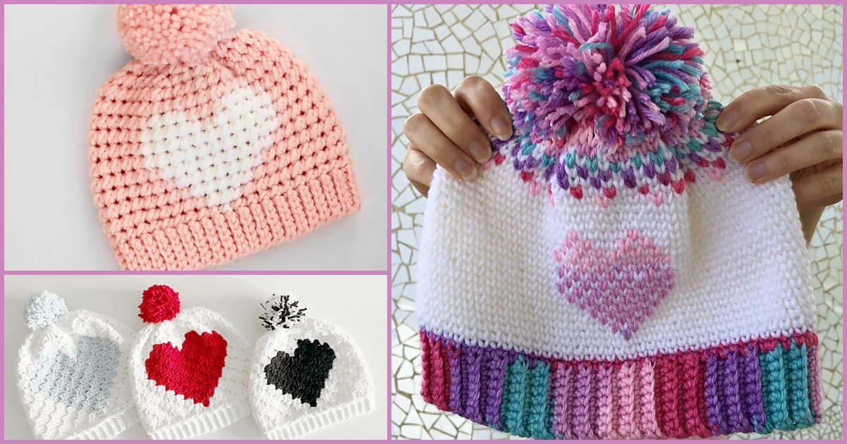 Four crocheted heart-patterned hats featuring charming pom-poms, available in a variety of colors such as pink, white, black, and multicolored designs.