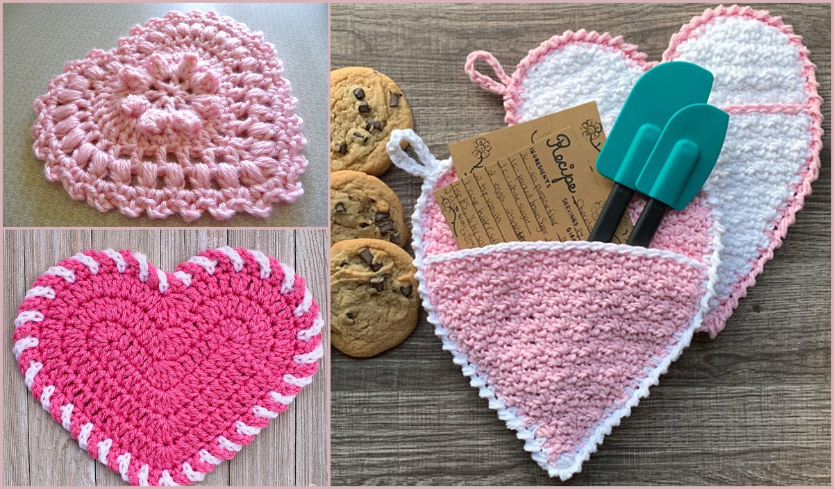 Love-themed crocheted kitchen accessories: heart-shaped items in pink and white designs, including cookies, recipe cards, and kitchen utensils.