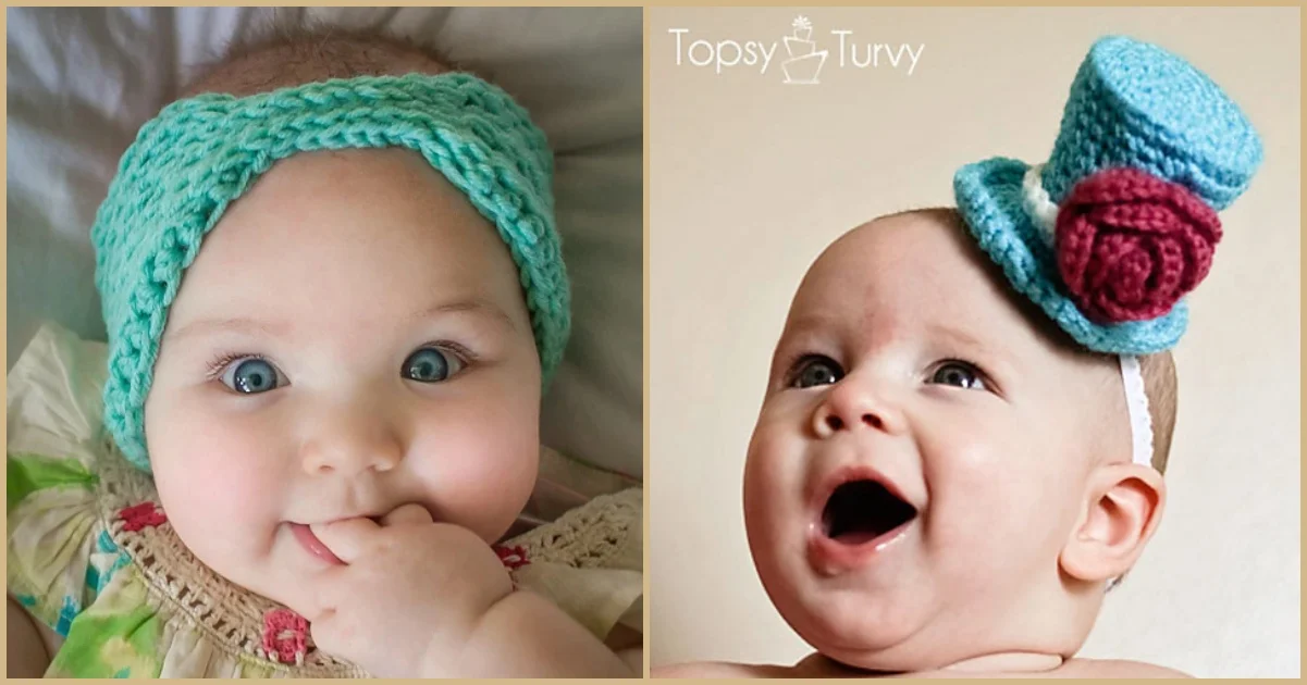 Two babies showcase delightful knitted head accessories: one sporting a turquoise crochet pattern headband, and the other donning a charming small blue top hat adorned with a rose.