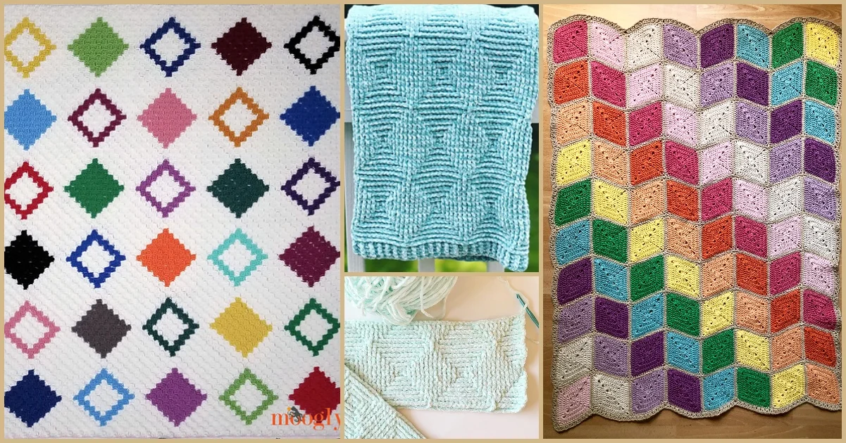 Three crochet projects: a vibrant diamond blanket with colorful patterns, a textured teal swatch, and a multicolored zigzag blanket.