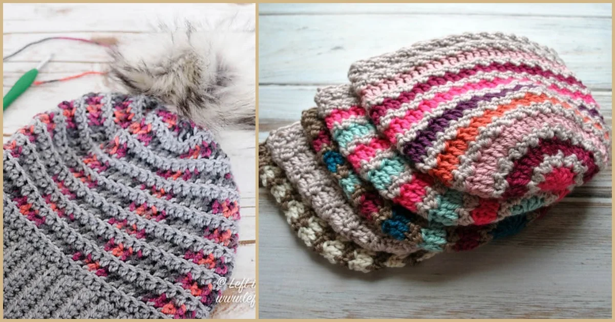 Crocheted beanies are displayed on a table, showcasing multicolored stripes and a fluffy pom-pom on one hat. Discover the charm of striped beanie free crochet patterns for your next cozy creation.