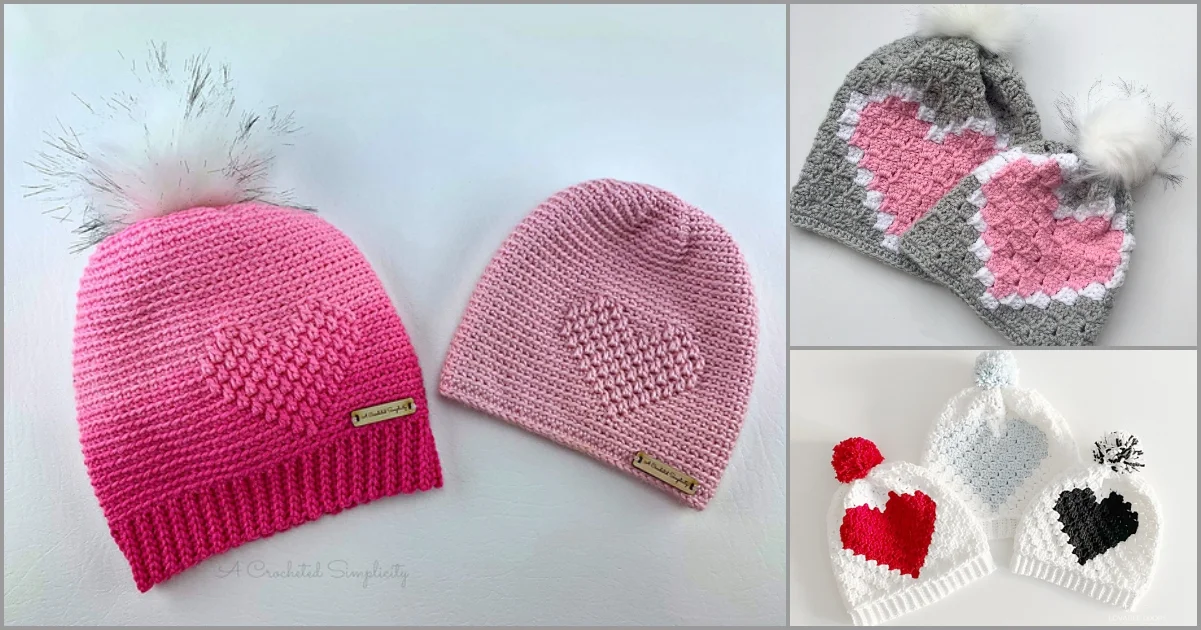 Four crocheted heart hat beanies showcase charming patterns. The two pink beanies on the left feature a gradient design, while the pair on the right boasts pom-poms adorned with crochet hearts in gray, white, and red.