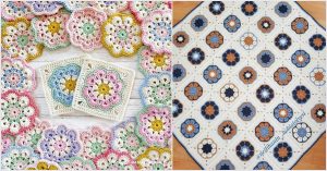 A crochet pattern featuring vibrant, 8-petal African flower motifs on the left and a similar pattern with a denser, repeating design on the right.