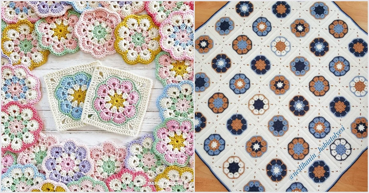 A crochet pattern featuring vibrant, 8-petal African flower motifs on the left and a similar pattern with a denser, repeating design on the right.