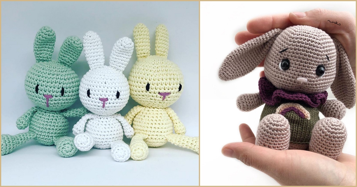 Three colorful crochet bunnies sit together on the left, while a hand proudly displays a larger bunny crafted using a delightful bunny crochet pattern on the right.