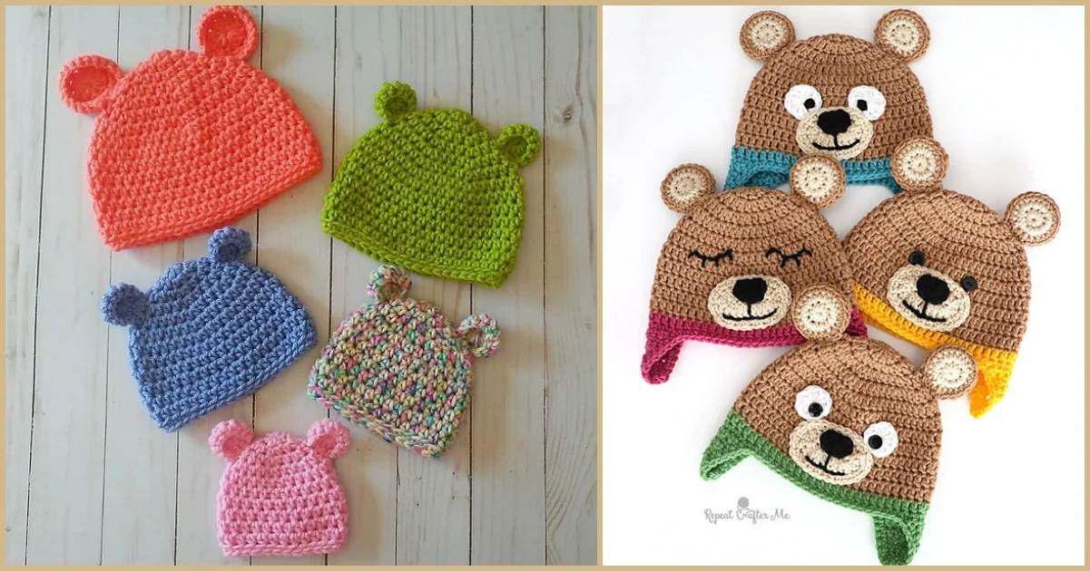 Various crocheted hats are displayed. On the left, five hats feature simple designs in bright colors. On the right, four bear-themed baby hats showcase adorable faces and ears in cozy brown tones.