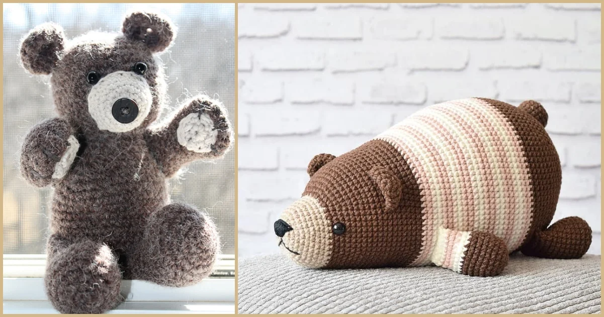 Discover the charming appeal of these adorable crocheted teddy bears. The left one stands proudly in gray with beige accents, while the right one relaxes with brown and playful pink and beige stripes, all crafted from a delightful bear free crochet pattern.