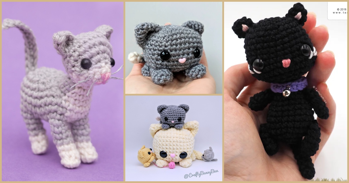 A collage of four crocheted cat toys in various colors and styles, featuring a gray cat, a small gray cat, a black cat with a purple collar, and even a tiny kitten perched on top of a stack of three cats.