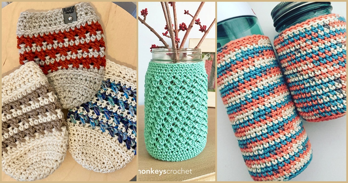 Crocheted jar cozies featuring charming patterns and vibrant colors elegantly cover jars, cans, and bottles.