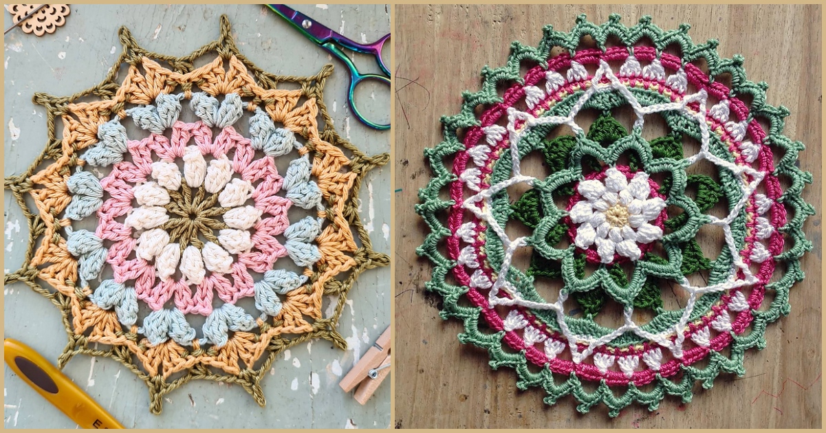 Two colorful spring mandalas crocheted with vibrant hues sit side by side on a wooden surface, accompanied by scissors and a crochet hook.