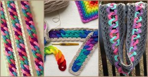 Three crochet projects featuring colorful, interlocking patterns in vibrant hues, including a long scarf displayed on a black stand. A crochet hook and partial projects are visible.