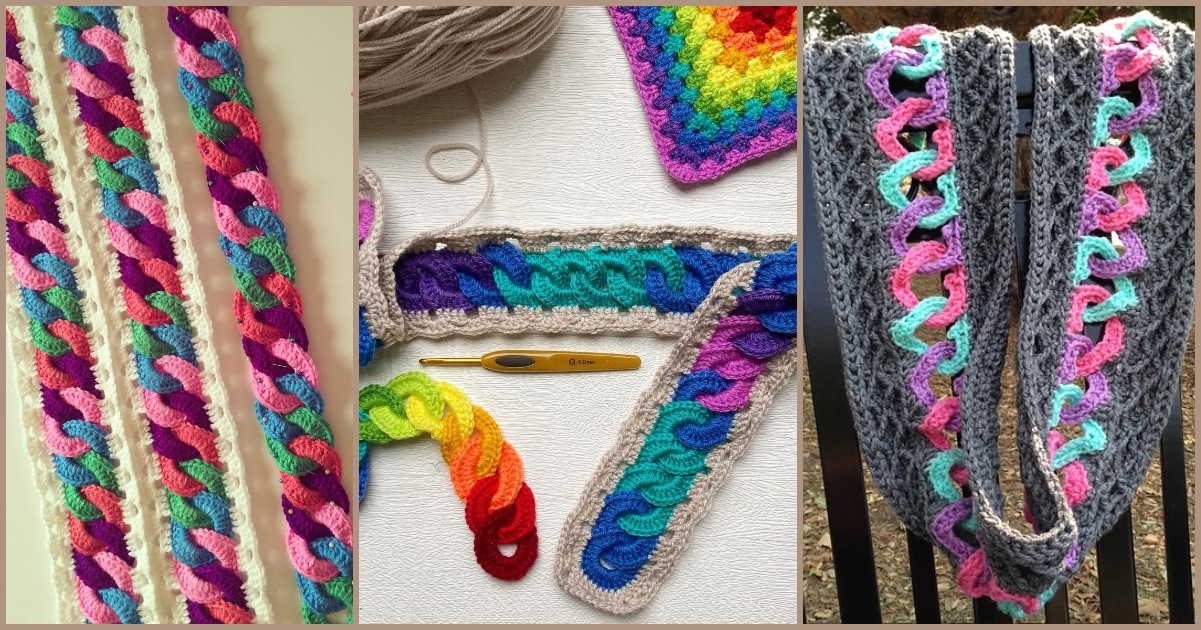 Three crochet projects featuring colorful, interlocking patterns in vibrant hues, including a long scarf displayed on a black stand. A crochet hook and partial projects are visible.