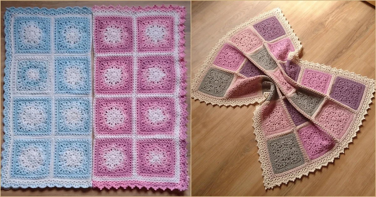 Two crocheted winter baby blankets displayed on a wooden floor, one with blue and pink squares and the other with pink, purple, and gray squares arranged in a fan shape.