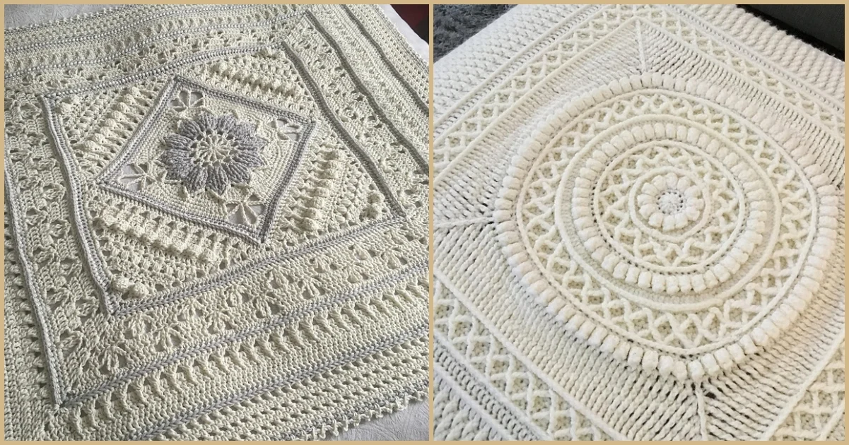 Two intricately crocheted blankets are displayed side by side. The left features a center flower square in a floral pattern, while the right showcases a concentric circular design. Both are in shades of cream and white, exuding elegance and charm.