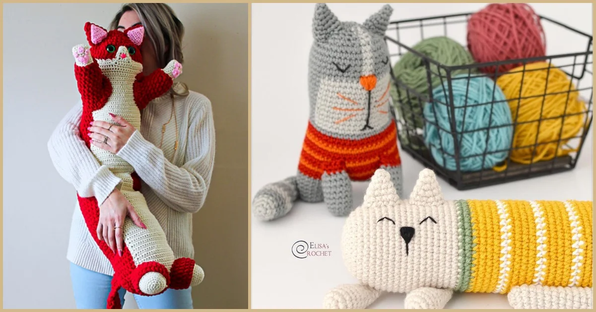 A person holding a large, long amigurumi red cat on the left. On the right, two smaller crocheted cats sit near a basket of yarn.