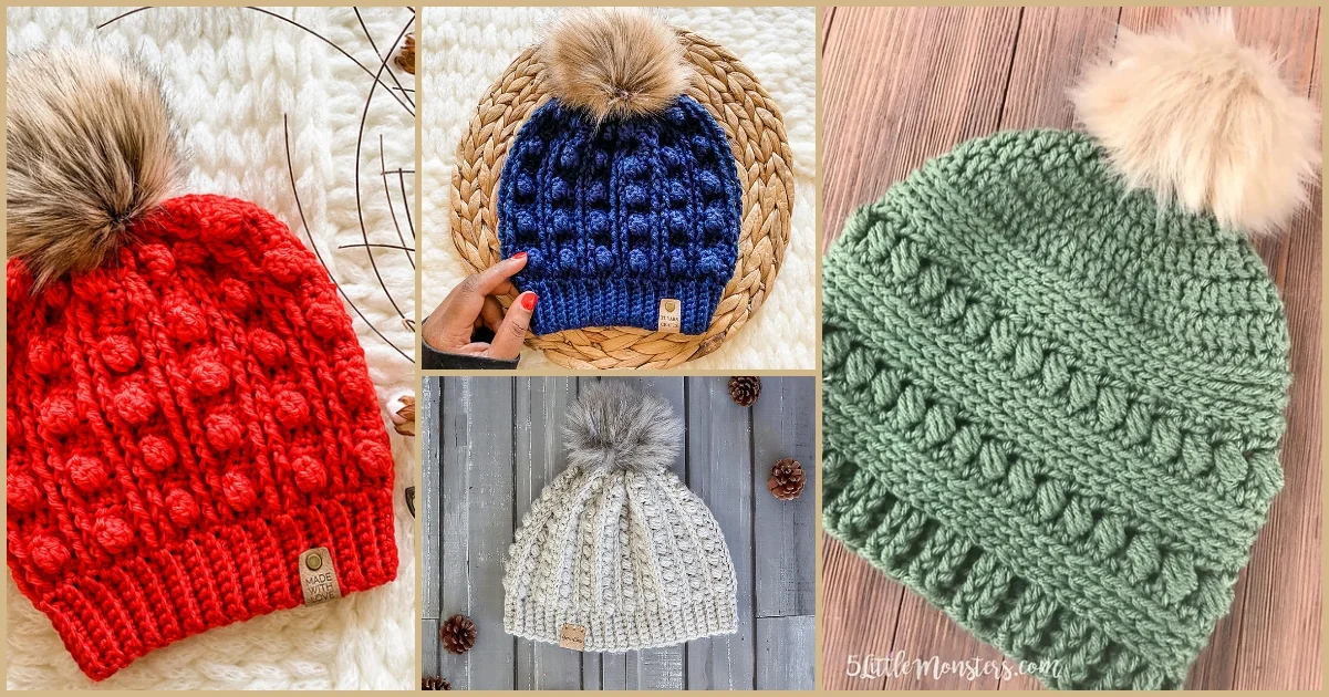 A collage of four knitted hats in red, blue, white, and green, each with a playful pom-pom on top. These cozy beanies are artfully arranged on diverse backgrounds like a woven mat and wooden surface, showcasing their charming crochet patterns.