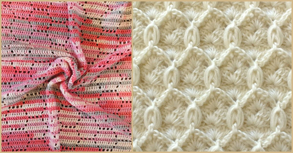 Two knitted patterns: one with multicolored stripes and a twist, the other resembling a honeycomb blanket with a textured white diamond pattern.