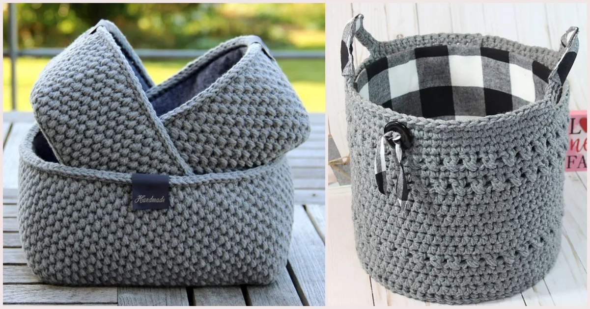 Two trendy gray crocheted baskets: one is open with a checkered lining and handles, while the other nests neatly with a "Handmade" tag. Both rest elegantly on a wooden surface.