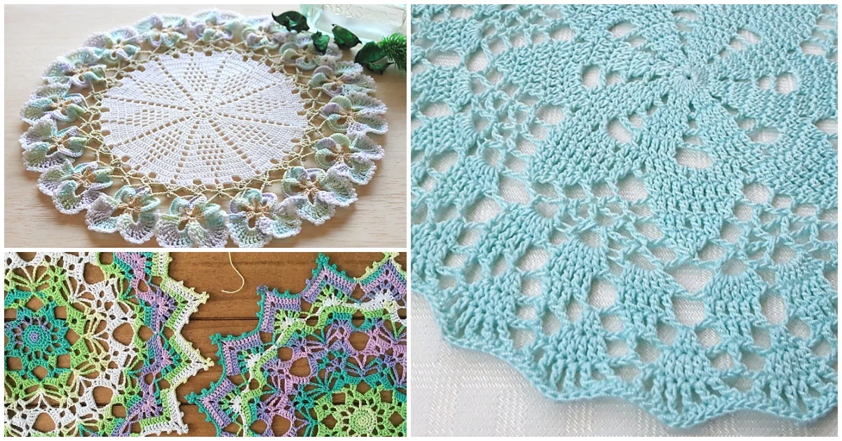 A collage of crocheted doilies in various patterns and colors, including pastel shades of purple, green, and blue, beautifully captures the essence of a spring doily collection.