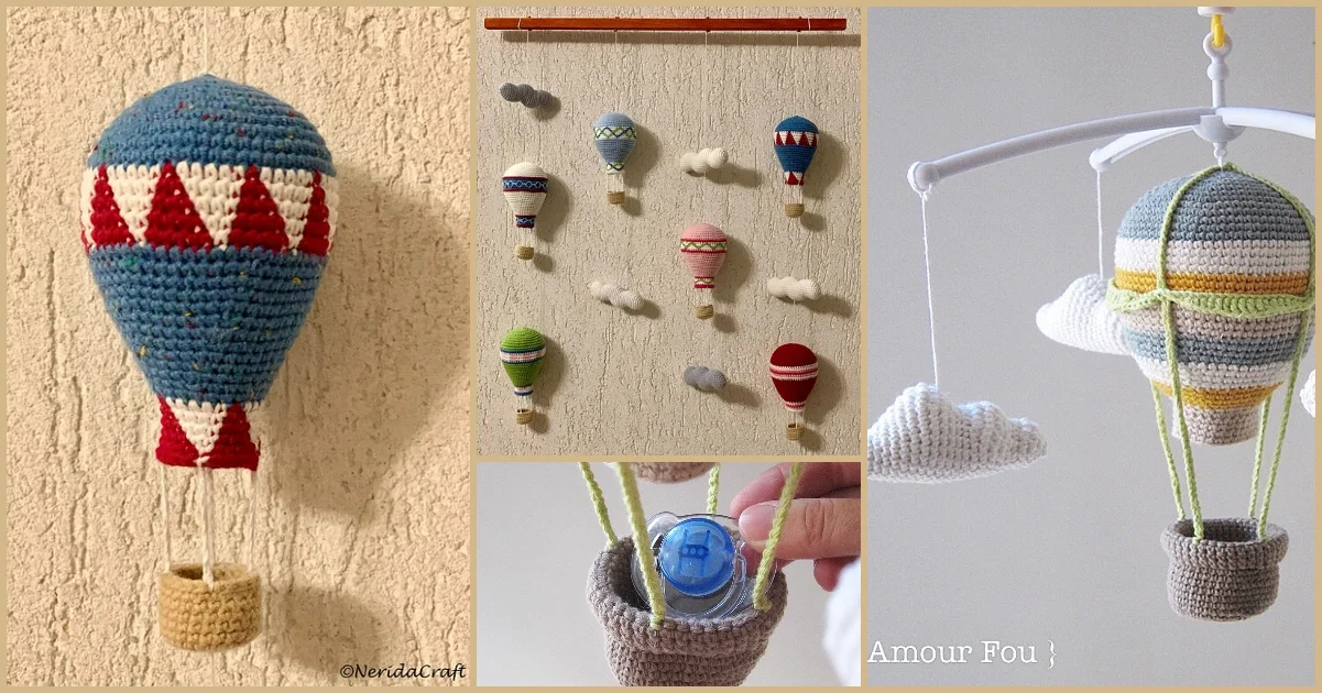 Crocheted hot air balloons and clouds, featuring a delightful hot air balloon crochet pattern, create stunning wall decor. With various colors and sizes, the display includes a mobile with a LEGO figure inside one basket.