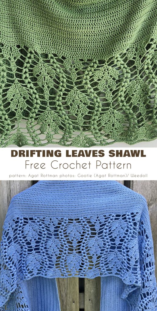 Two crocheted shawls, one green and one blue, both featuring detailed leaf patterns along the edges. The text reads "Drifting Leaves Shawl: Best Summer Shawl Free Crochet Pattern.