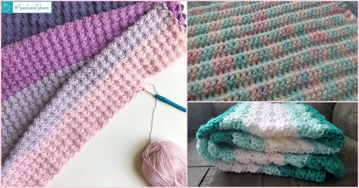 Crochet projects featuring pastel shades and textured patterns are shown. A hook and yarn are visible with an easy-peasy baby blanket, folded in calming green and white hues.