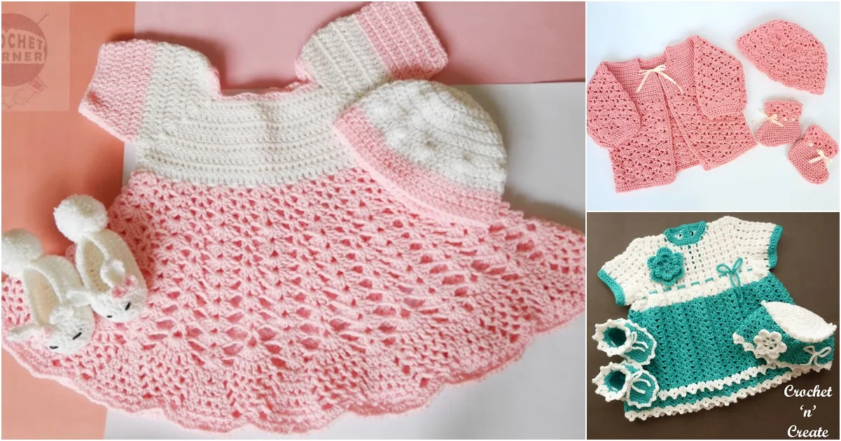 Crocheted baby set featuring charming outfits in pink and green, includes dresses, cardigans, hats, booties, and an adorable lamb toy, all beautifully displayed on a flat surface.