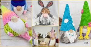 A vibrant collage of colorful crochet garden gnomes and a whimsical bunny, showcasing diverse designs and color schemes, displayed against a light background.