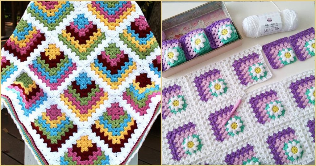 Two crochet projects: a colorful mitered granny square blanket and granny squares with purple, green, and yellow petals; work in progress with yarn and crochet hook.