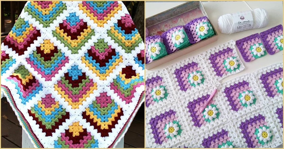 Two crochet projects: a colorful mitered granny square blanket and granny squares with purple, green, and yellow petals; work in progress with yarn and crochet hook.