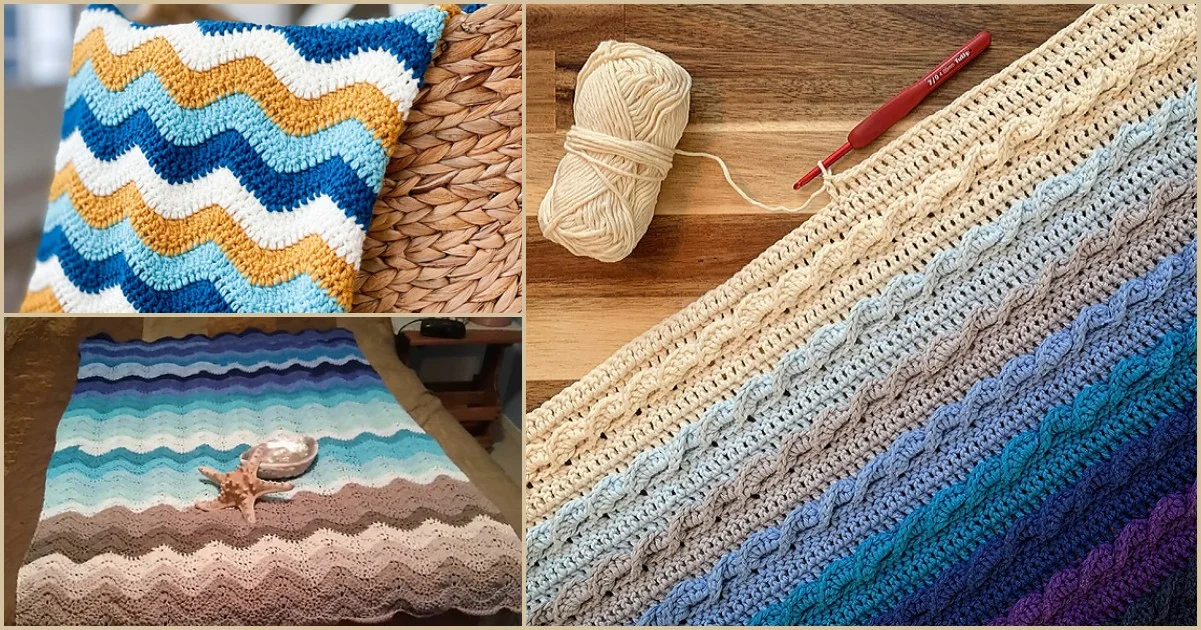 Crocheted items featuring wavy and cable patterns in ocean-inspired blue, white, and brown hues: a pillow on a wicker chair, a blanket on a bed with a decorative shell, and an ocean-inspired project in progress with a red hook.